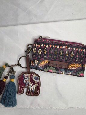 Sakroots Boho Canvas Zip Wallet Keychain - Elephant Charm & Tassels Y2K